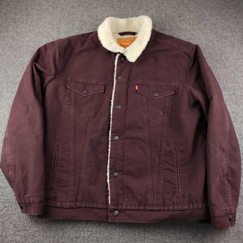 Levis Jacket Mens Large Sherpa Trucker Burgundy Denim Canvas Workwear EUC